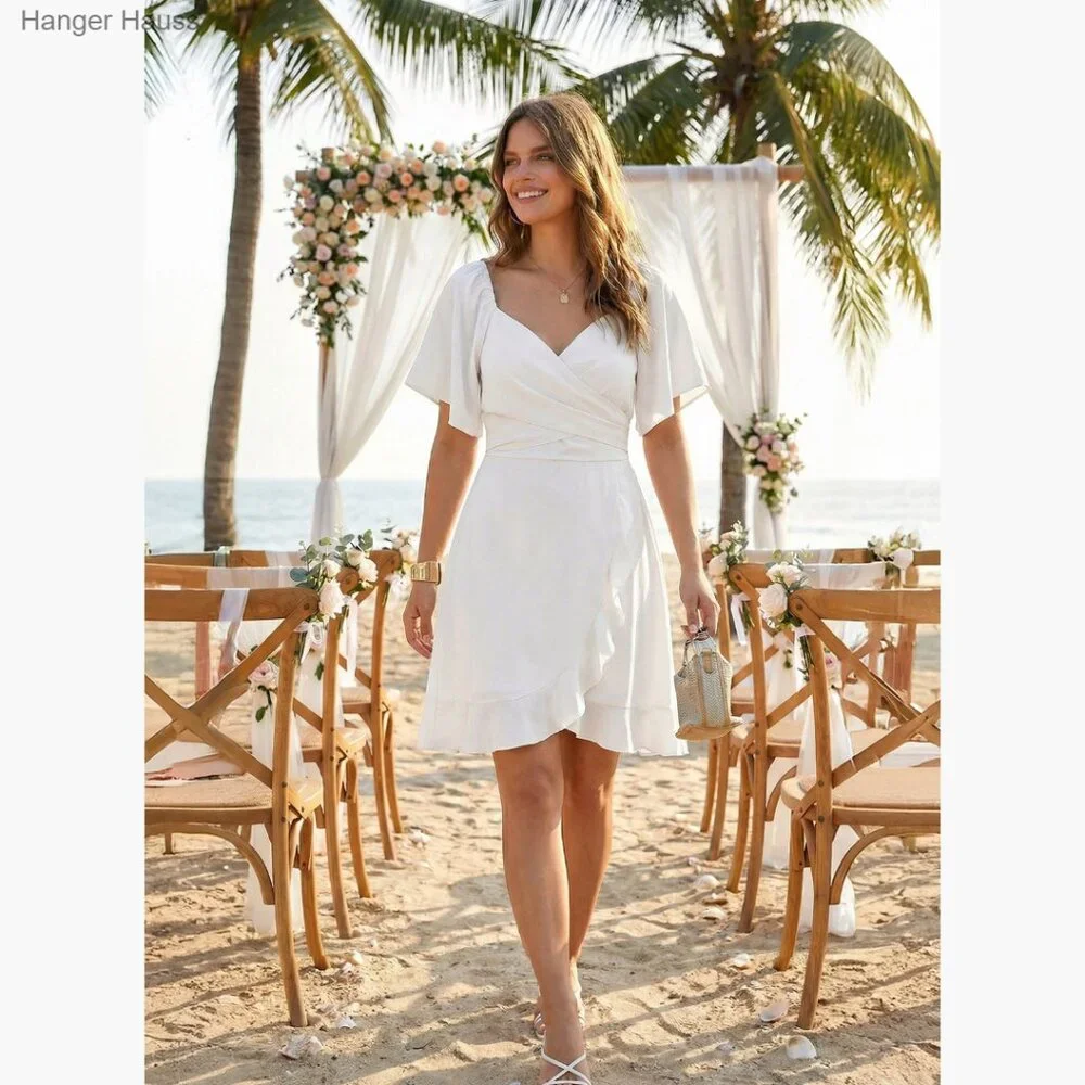 Wrap V Neck Flared Sleeve Smocked Waist Tiered Mini Dress Wedding Guest_6